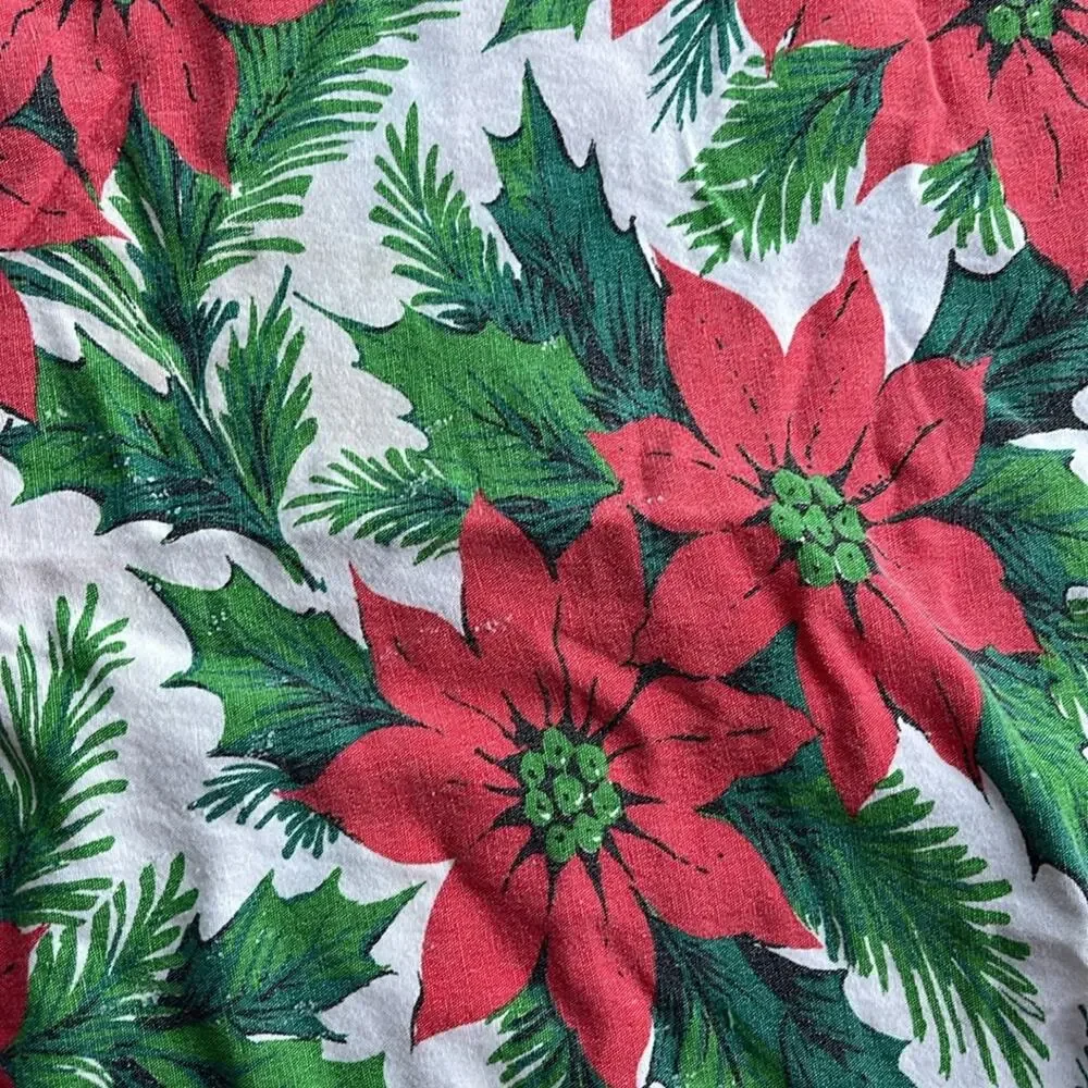 Vintage MCM Poinsettia print fringe hem oval Christmas holiday tablecloth